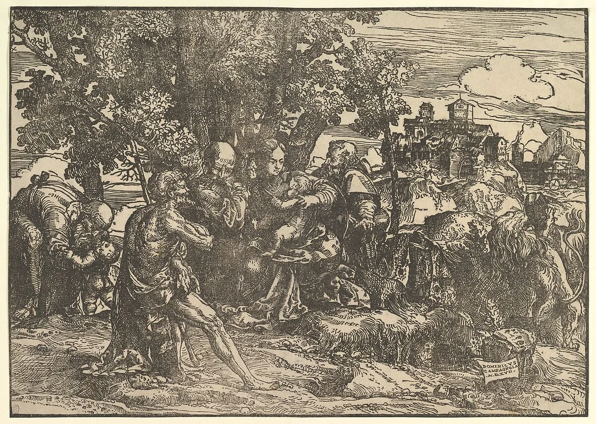 Mary seated beneath trees with baby, flanked by Joseph at left and St. Jerome at right; St. John the Baptist seated in the foreground holding a cross; a man stooping to pick up a child at left; a lion seen from behind at right; a town in the background — Domenico Campagnola