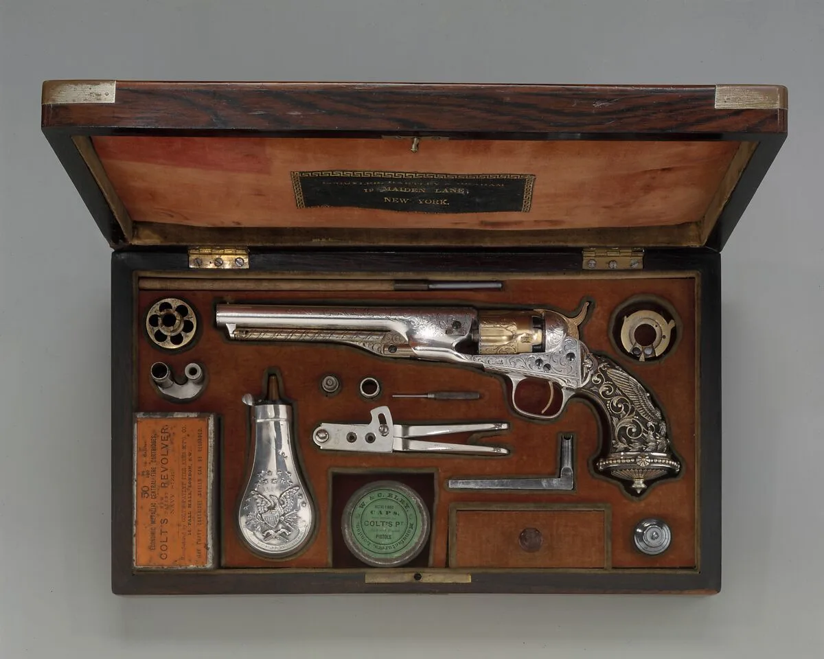 Cased Colt Model 1862 Police Revolver, Serial no. 9174, with Thuer Conversion for Self-contained Cartridges, and Accessories — Samuel Colt|Louis Daniel Nimschke|Schuyler, Hartley and Graham|Charles L. H. Muller