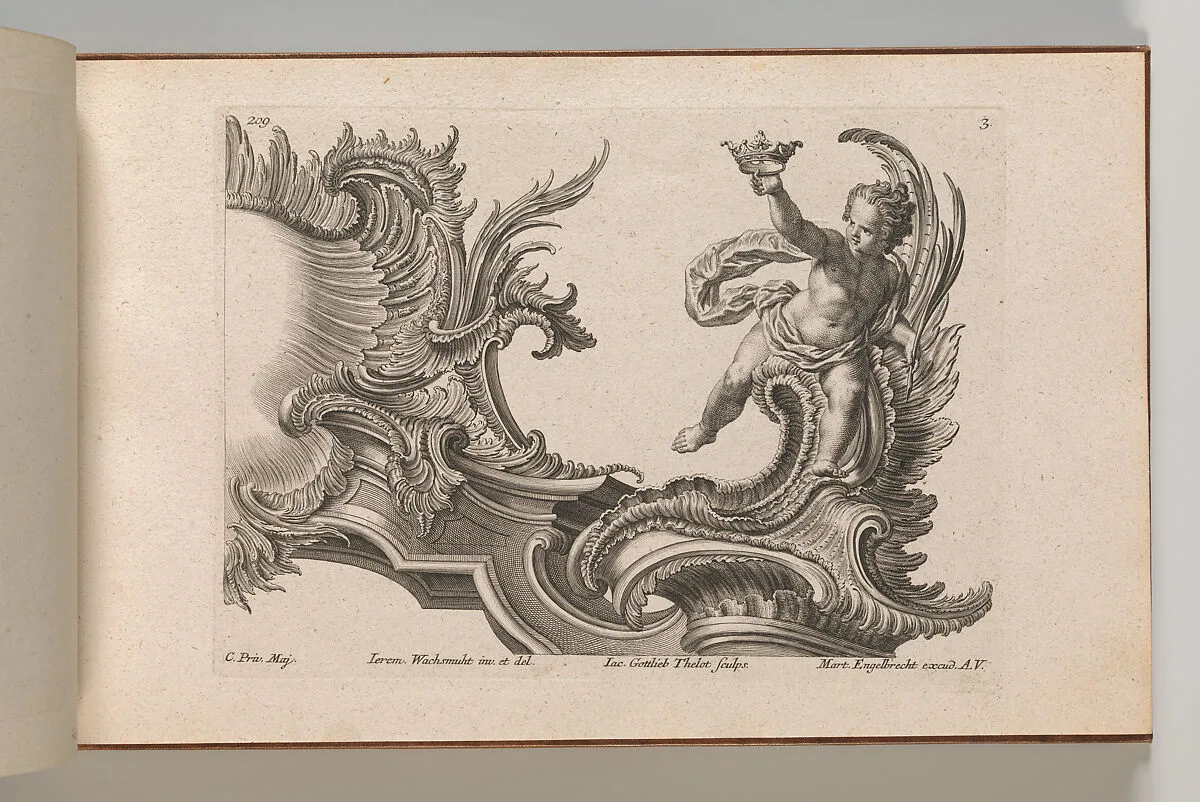 Design for a Rocaille Cartouche with the Figure of a Putto, Plate 3 from an untitled series with architectural cartouches and allegorical figures — Jacob Gottlieb Thelot|Martin Engelbrecht|Jeremias Wachsmuth