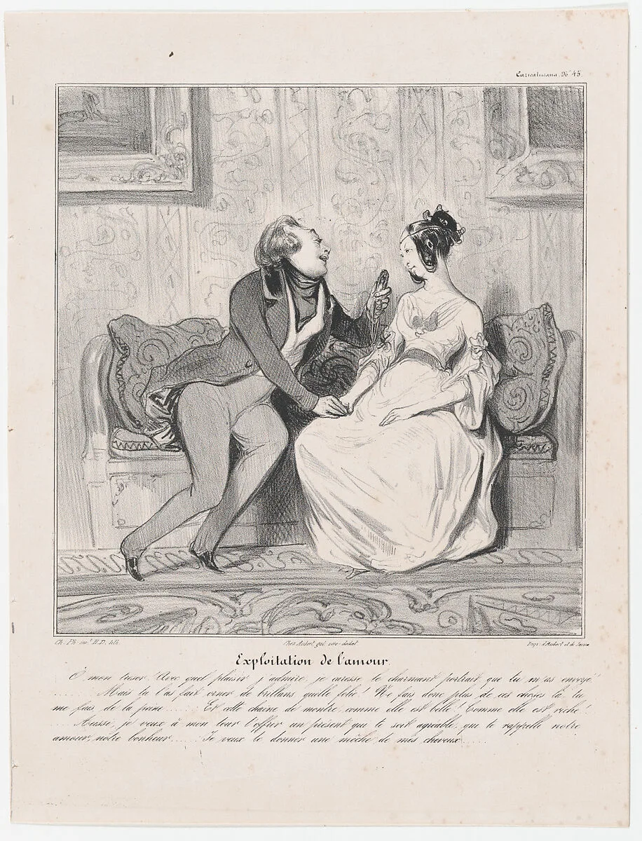 Plate 45: Exploitation of love, from 'Caricaturana,' published in Les Robert Macaires — Charles Philipon|Junca|Aubert et Cie|Honoré Daumier|Aubert et Cie