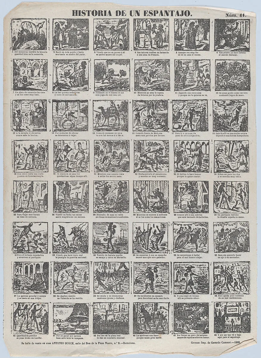 Broadside with 48 scenes relating to the story of a scarecrow — Antonio Bosch|Gerardo Cumané