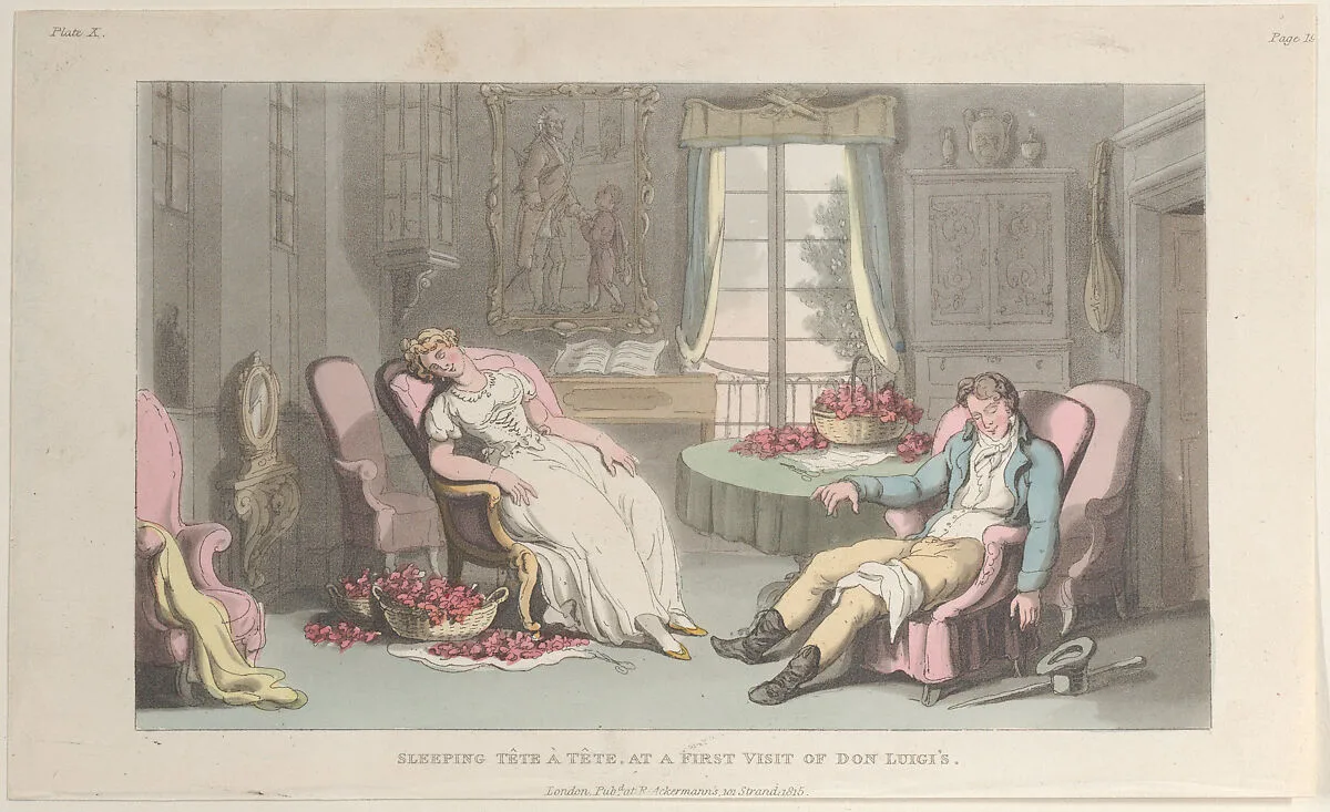 Sleeping Tête à Tête, at a First Visit of Don Luigi's — Rudolph Ackermann, London|Lewis Engelbach|Thomas Rowlandson