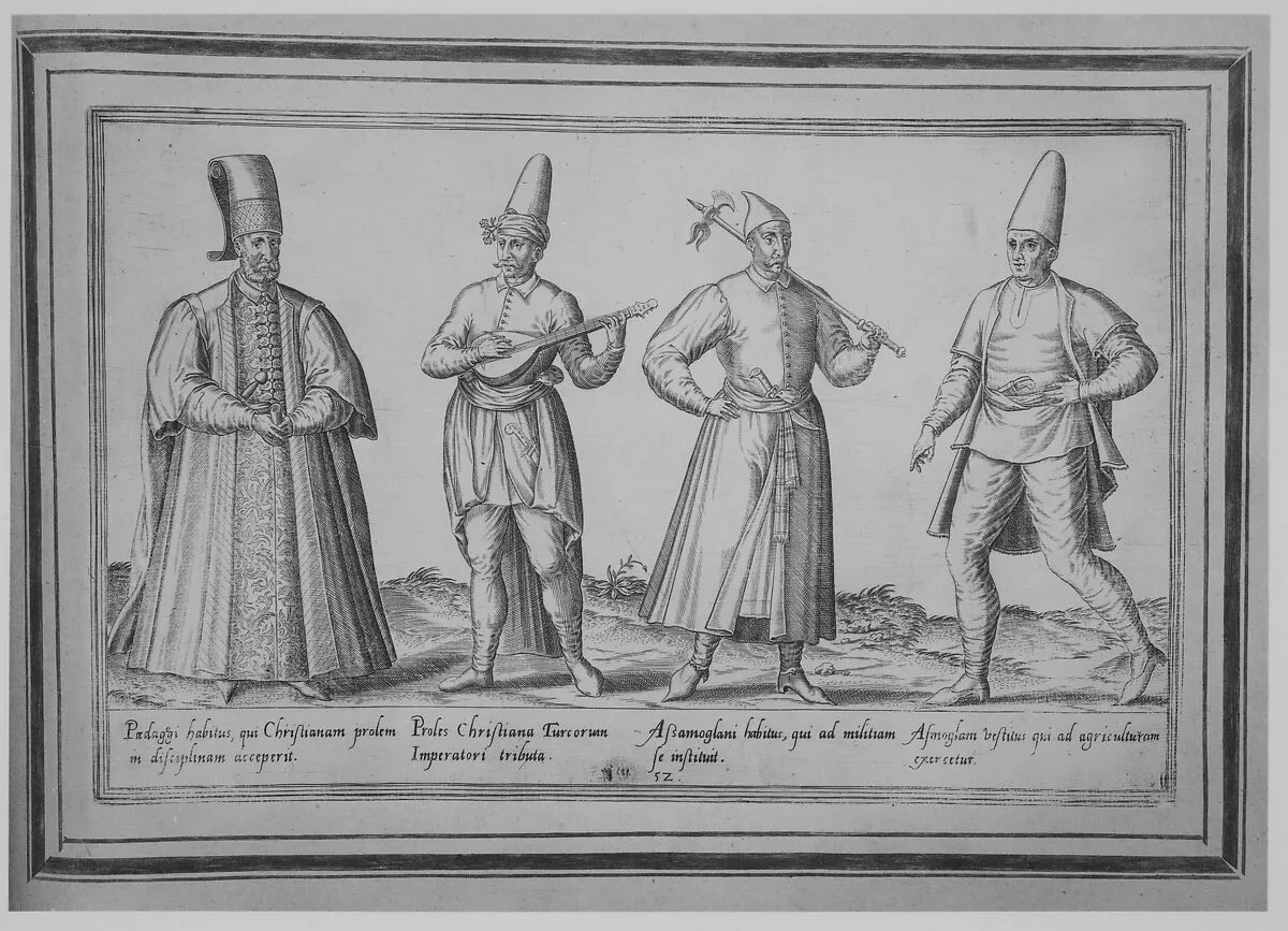 Paedagogi habitus, qui Christianam prolem in disceplinam acceperit; Proles Christiana Turcorum Imperatori tributa; Assamoglani habitus, qui ad militiam se instituit; Asmoglam vestituis qui ad agriculturam exercetur — Abraham de Bruyn|Joos de Bosscher