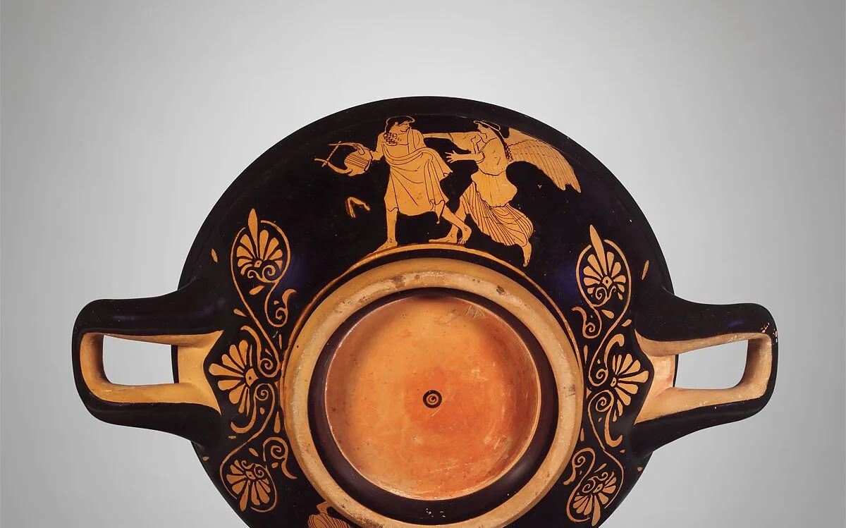 Terracotta stemless kylix (drinking cup) — Penthesilea Painter