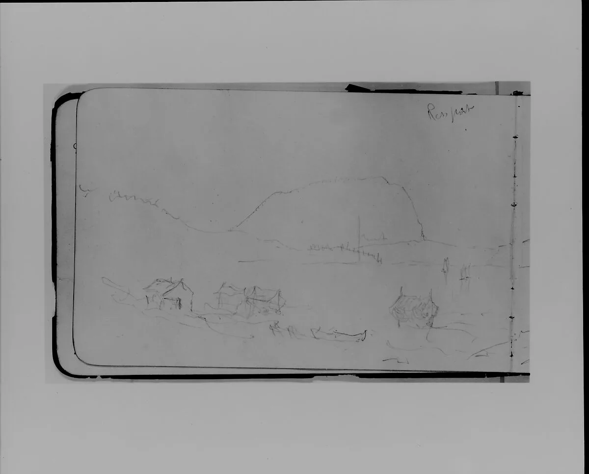 Bay Scene with Mountains and Boats (Red Rock?) (from Sketchbook) — Albert Bierstadt