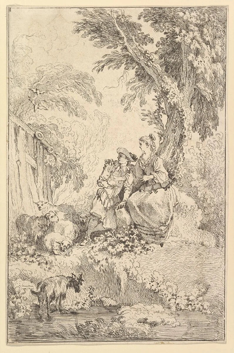 Surprised Young Couple Under a Tree — François Boucher|Antoine Watteau