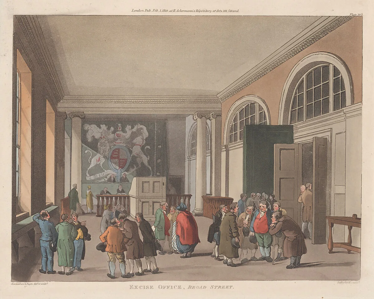 Excise Office, Broad Street — Auguste Charles Pugin|Thomas Sutherland|Thomas Rowlandson|Rudolph Ackermann, London