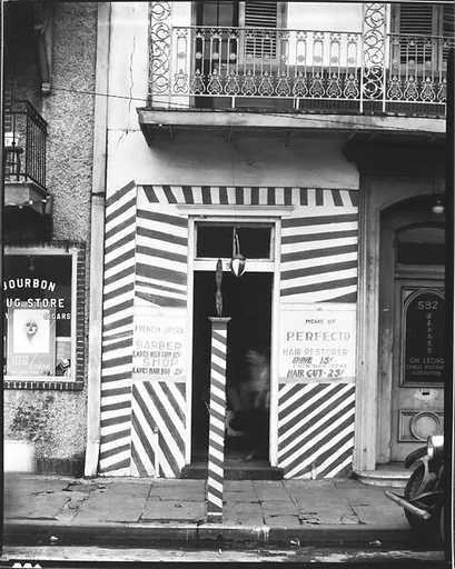 [Painted Doorway of "French Opera" Barber Shop on Bourbon Street, New Orleans, Louisiana]