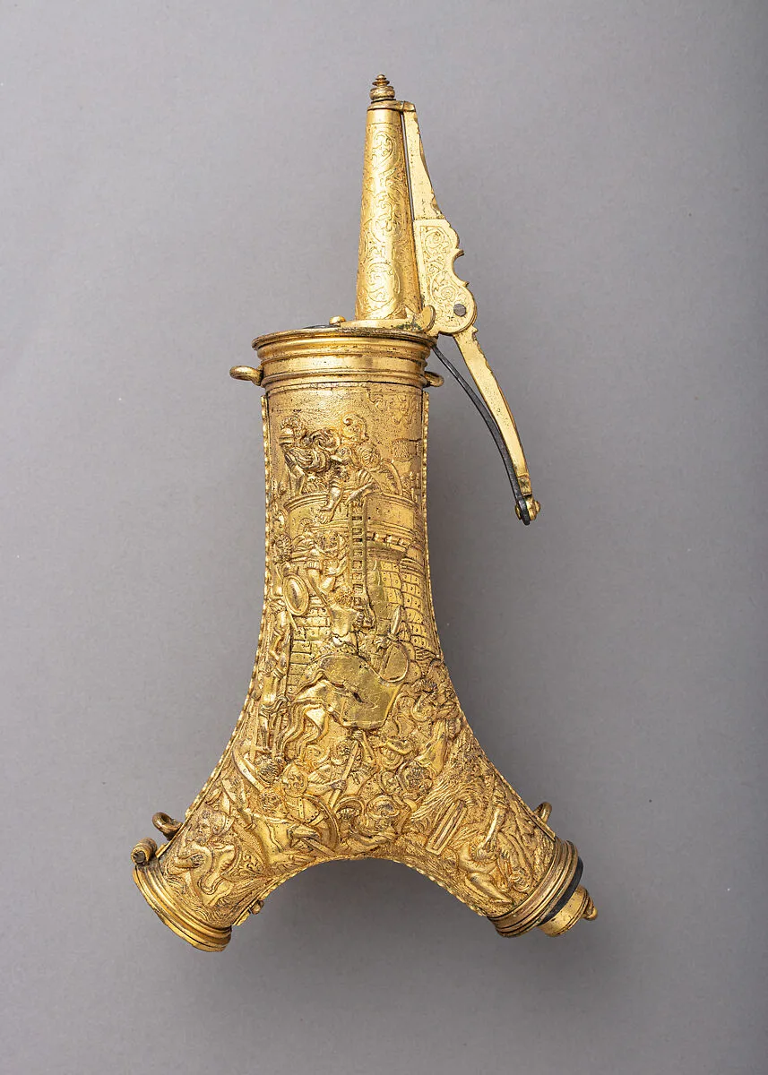 Powder Flask with Bullet Box, Clock, Compass, and Sundial — Unknown