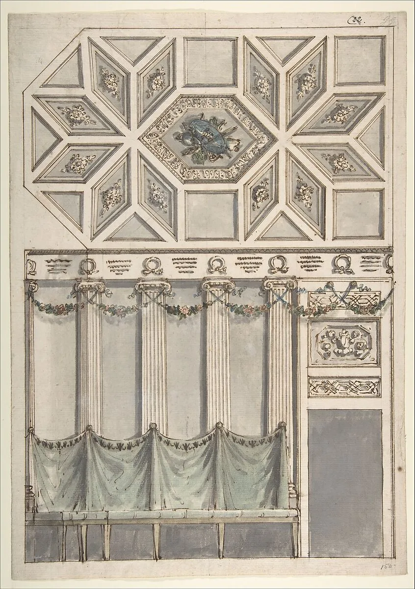 Framed Design for an Architectural Interior: Coffered Ceiling with Central Hexagonal Cartouche and Walls with Floral Ornament and Drapery. — Antonio Basoli