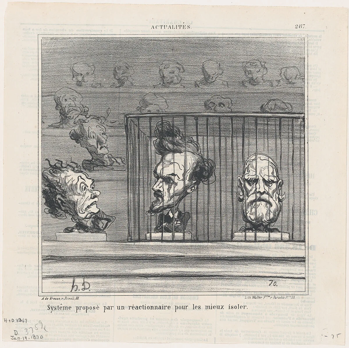 Proposal for a new system to better isolate reactionnaries, from 'News of the day,' published in Le Charivari, January 14, 1870 — Honoré Daumier|Arnaud de Vresse|Walter Frères