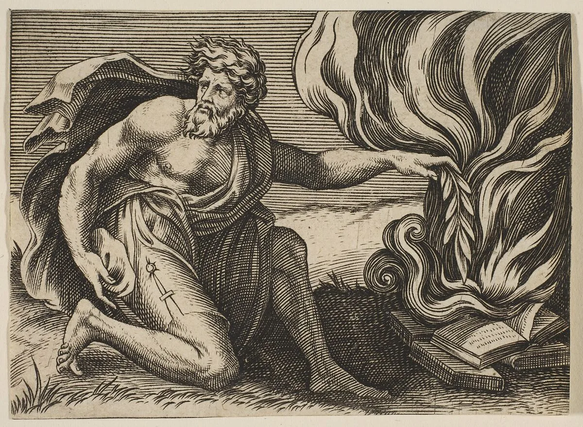 A man kneeling and placing a laurel branch upon a pile of burning books — Francesco Salviati (Francesco de' Rossi)|Marco Dente