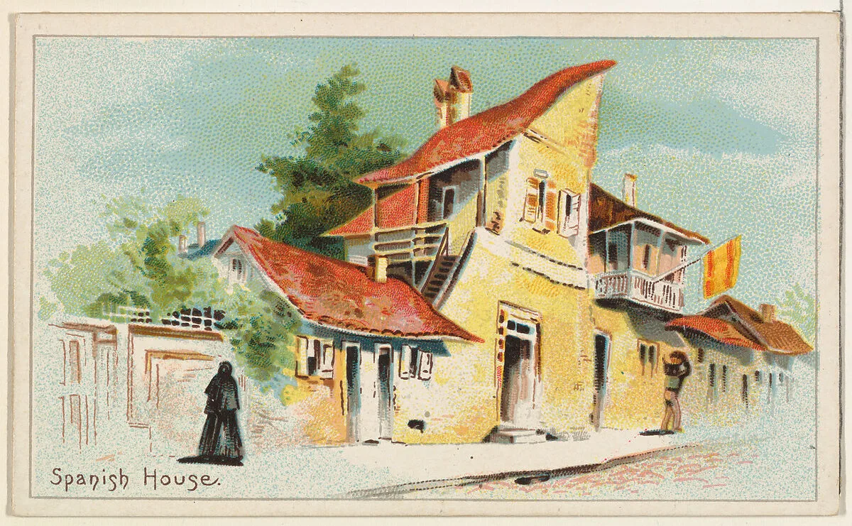 Spanish House, from the Habitations of Man series (N113) issued by W. Duke, Sons & Co. to promote Honest Long Cut Smoking and Chewing Tobacco — W. Duke, Sons & Co.|The Giles Company|American Tobacco Company