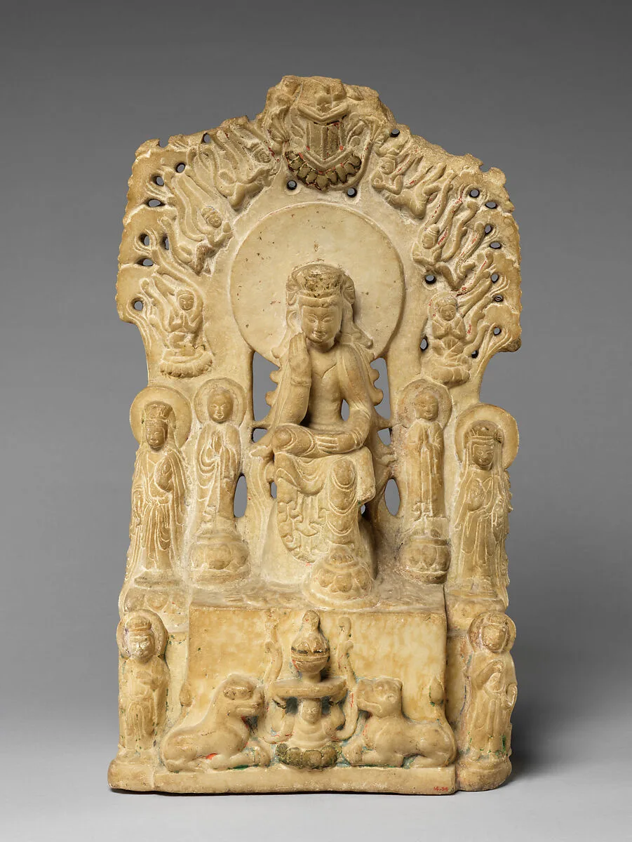 東魏武定二年 石雕佛造像|Stele with seated Buddha (Maitreya) and attendant bodhisattvas — Unknown