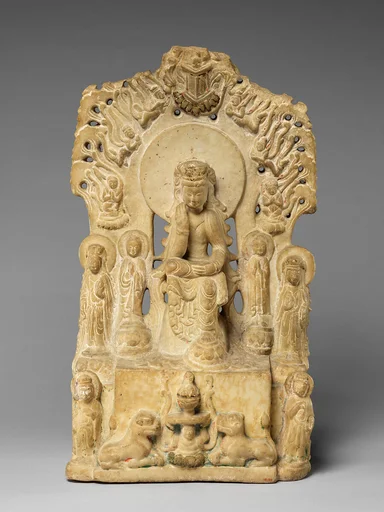 東魏武定二年 石雕佛造像|Stele with seated Buddha (Maitreya) and attendant bodhisattvas