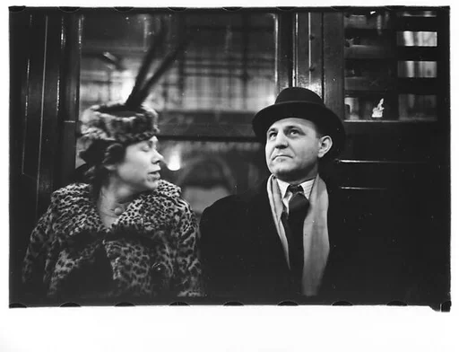 [Five 35mm Film Frames: Subway Passengers, New York City: Couple on Times Square Shuttle, Subway Newsstand Vendor, Man in Hat]