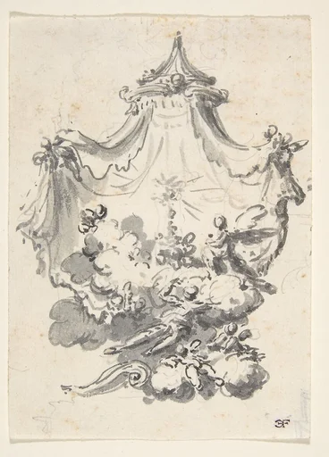 Parted Curtains Revealing Angels Upon Clouds Worshipping a Monstrance (Design for a Stage Set?)