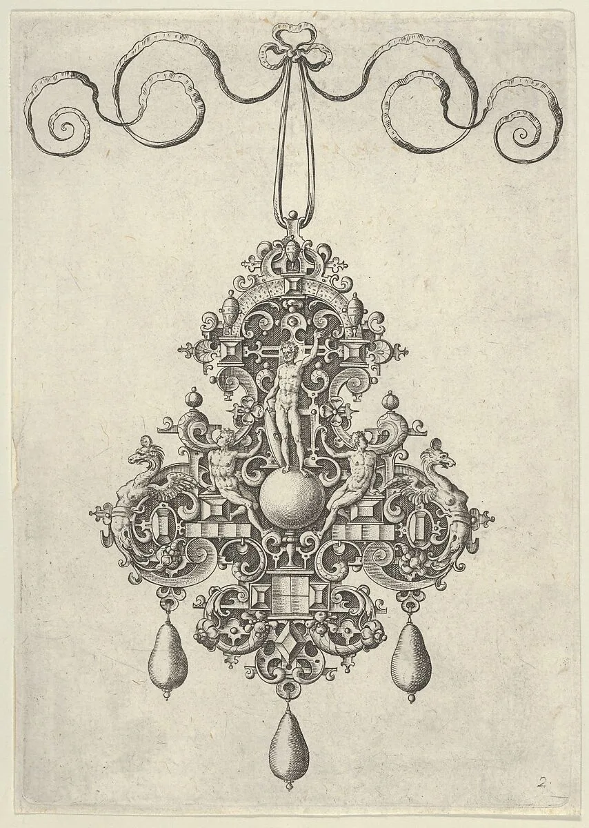 Pendant Design with a Male Diety with a Shield Flanked by Two Reclining Men — Jan Collaert I