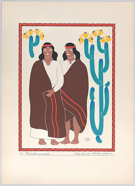 Plate 6: two Rarámuri (or Tarahumara) men from the state of Chihuahua, from 'Trajes regionales mexicanos' (regional Mexican dress) — Editorial Atlante|Carlos Mérida