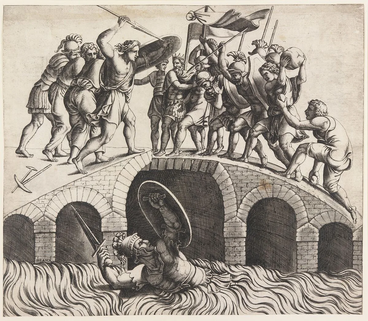 Horatio Coclès Saving Himself by Swimming — Diana Scultori|Giulio Romano