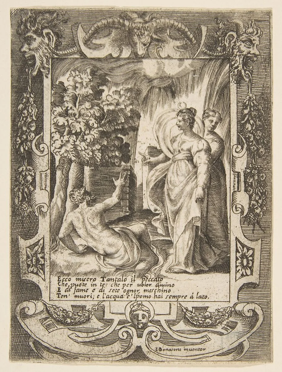 Tantalus at left speaking to Diana at right, set within an elaborate frame, from "Loves, Rages and Jealousies of Juno" — Giulio Bonasone
