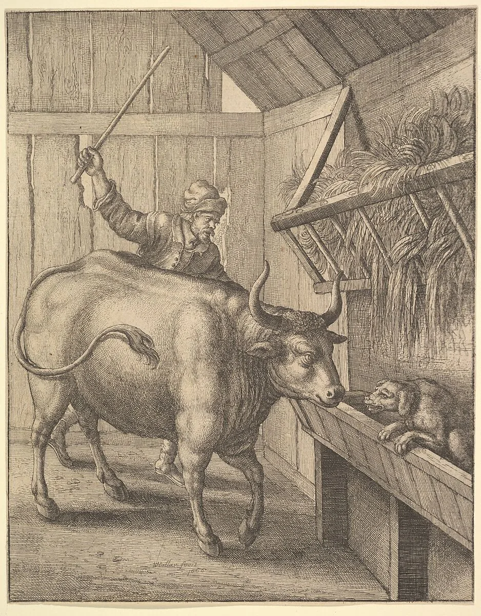 The Dog in the Manger (from John Ogilby, "Aesopics or a Second Colllection of Fables," 1668) — Wenceslaus Hollar|Aesop|John Ogilby