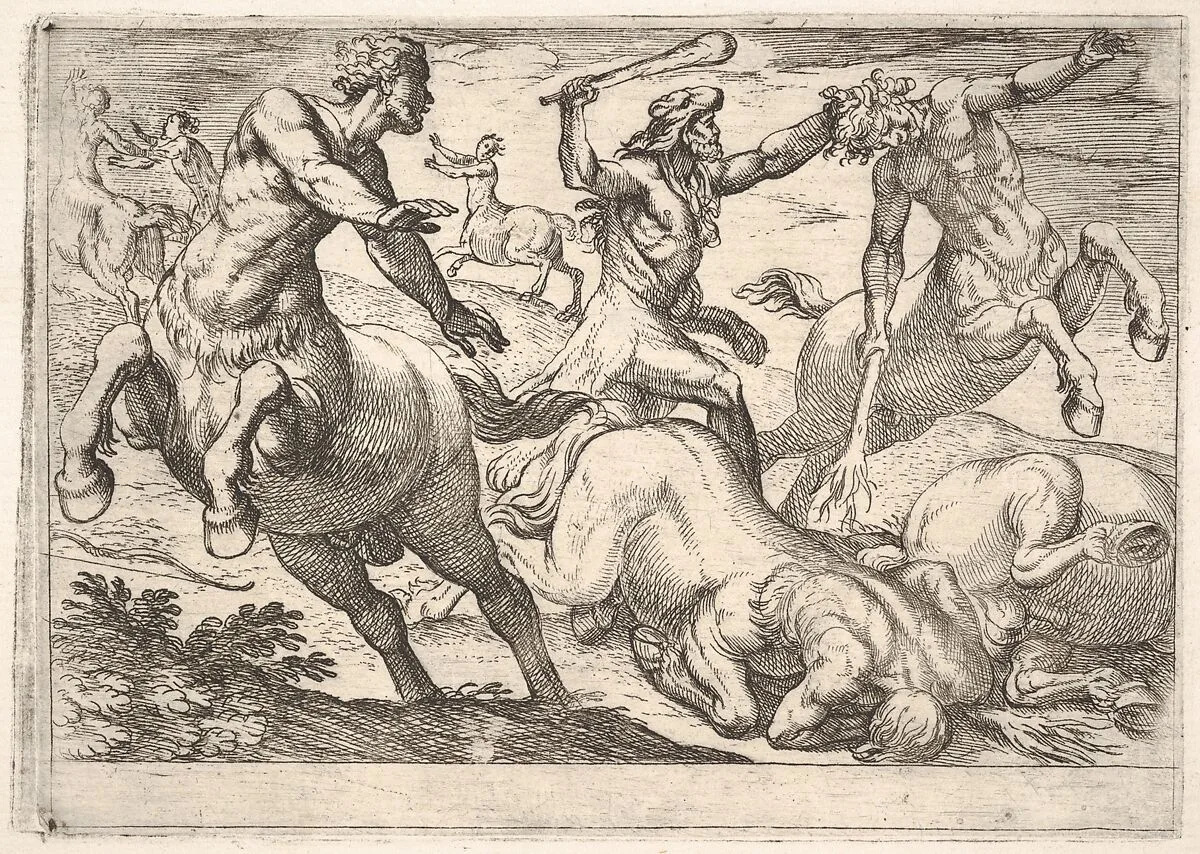 Hercules and the Centaurs: Hercules holds the head of a centaur with his left hand and raises his club with his right hand, in the foreground and background are fallen and fleeing centaurs, from the series 'The Labors of Hercules' — Antonio Tempesta