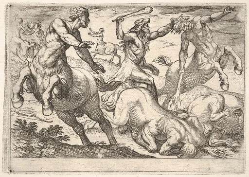 Hercules and the Centaurs: Hercules holds the head of a centaur with his left hand and raises his club with his right hand, in the foreground and background are fallen and fleeing centaurs, from the series 'The Labors of Hercules'