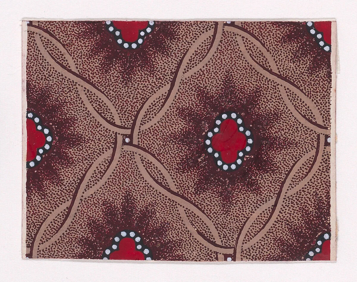 Textile Design with Alternating Quatrefoils Bordered with Pearls and Framed by Interlacing Ribbons — Anonymous, Alsatian, 19th century
