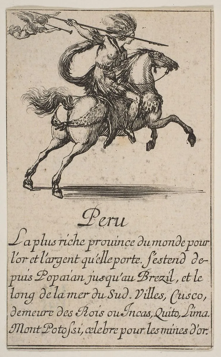 Peru, from the playing cards "Jeu de la Géographie" — Stefano della Bella|Jean Desmarets de Saint-Sorlin|Henri Le Gras|Louis XIV, King of France|Cardinal Jules Mazarin