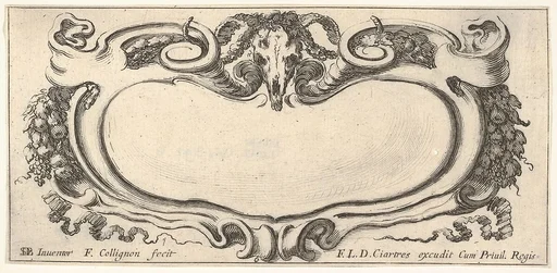 Plate 6: a cartouche with a ram skull at top center, grapes and other fruits to either side, from 'Twelve cartouches' (Recueil de douze cartouches)