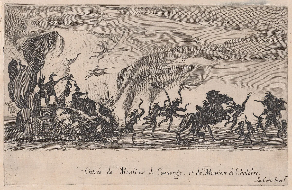 Entrée de MM. de Couvonge et de Chalabre (Entrance of Monsieur du Couvonge and of Monsieur de Chalabre), from Le Combat a la Barrière in the Palace at Nancy by Henri Humbert, printed by Sebastien Phillipe — Jacques Callot|Henri Humbert