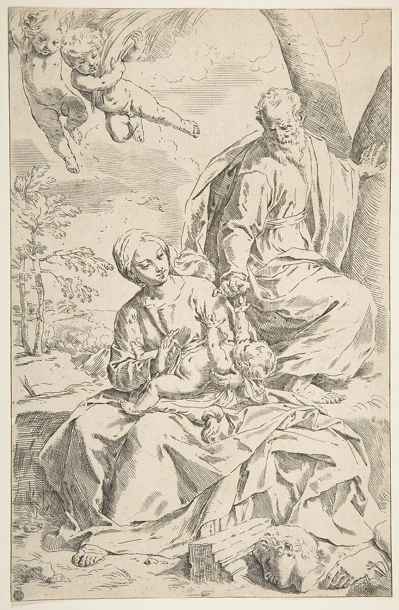 Rest on the flight into Egypt, Mary holding the infant Christ while St. Joseph hands him a fruit — Simone Cantarini