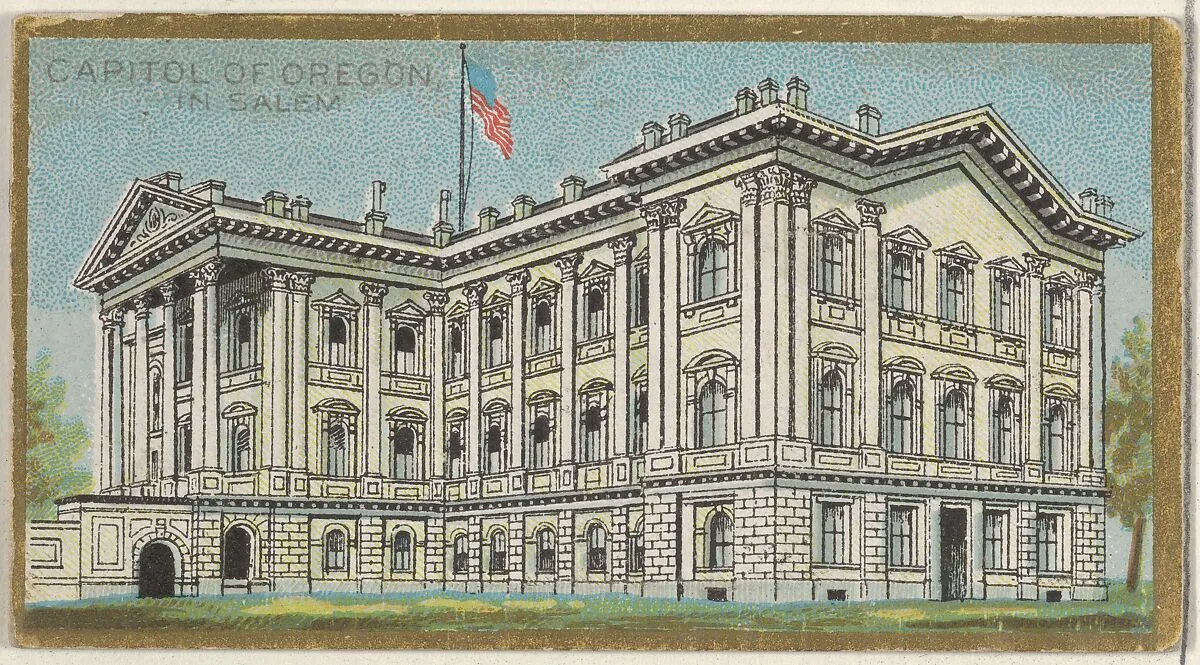 Capitol of Oregon in Salem, from the General Government and State Capitol Buildings series (N14) for Allen & Ginter Cigarettes Brands — Allen & Ginter|The Gast Lithograph & Engraving Company