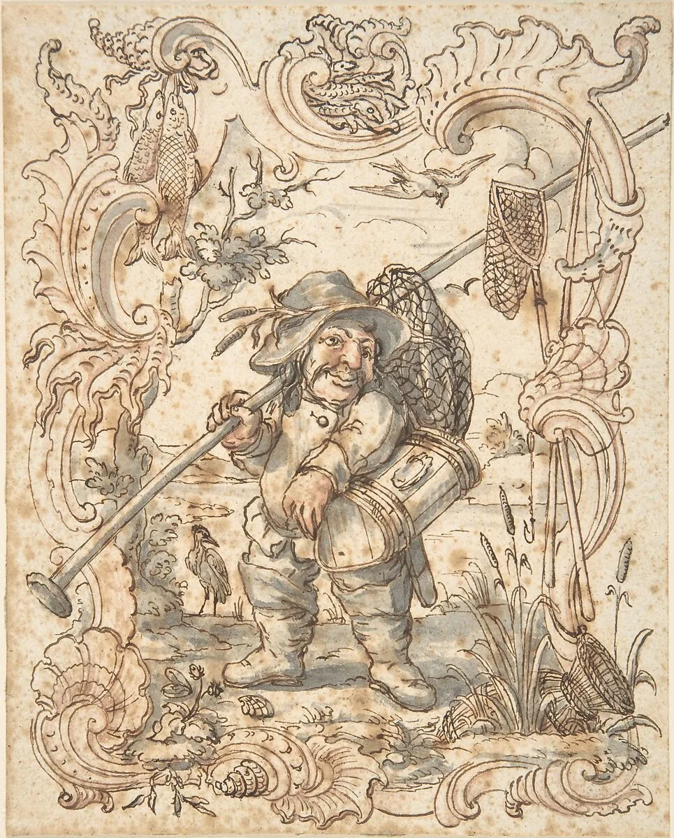 Caricatures of a Fish and a Bird Peddler in Ornamental Frames — Johann Esaias Nilson