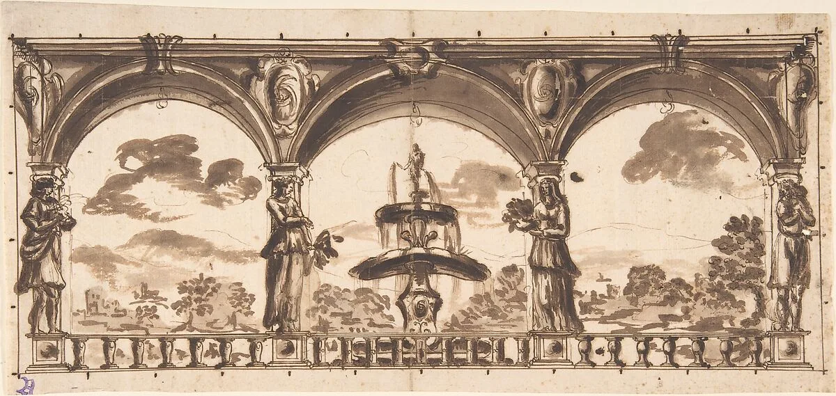 Loggia with Caryatids before a Fountain and Landscape — Anonymous, Italian, Roman-Bolognese, 17th century