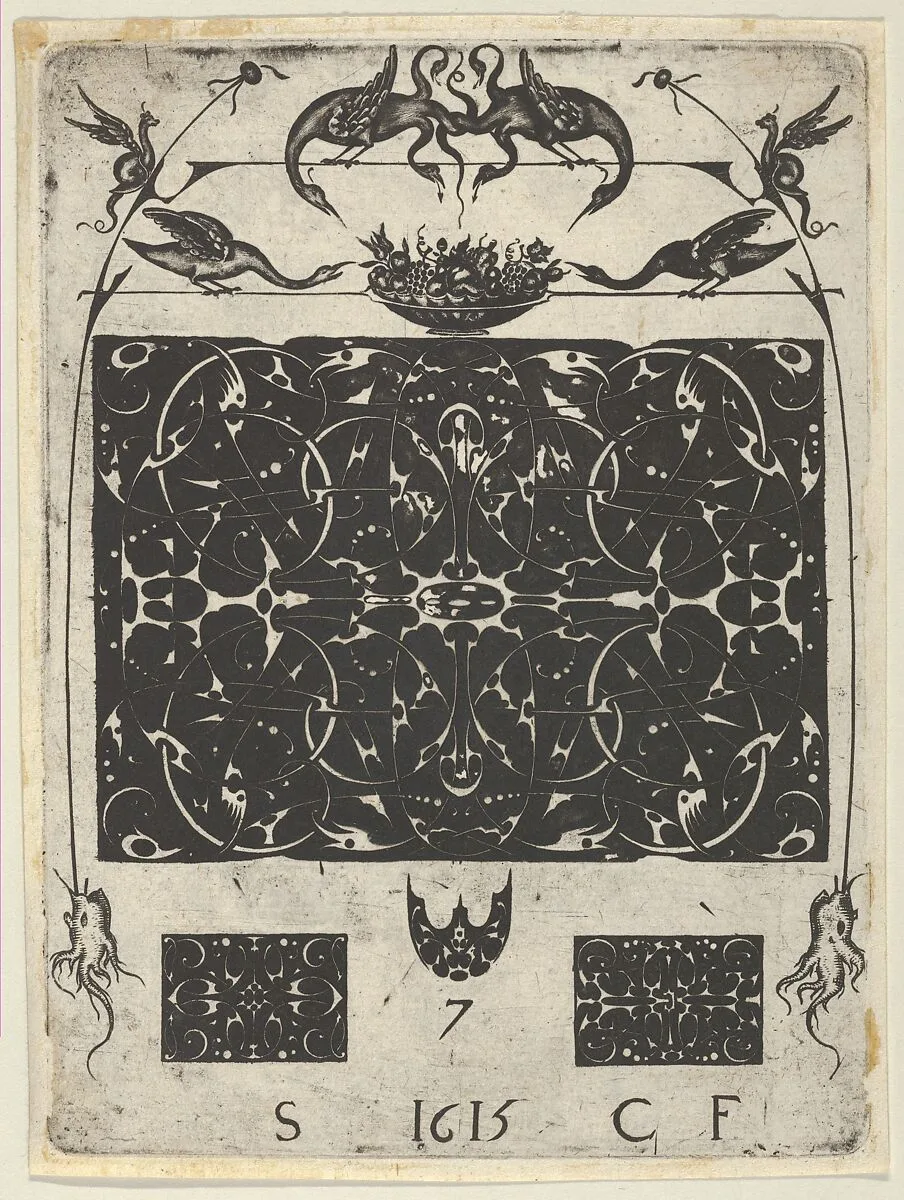 Blackwork Print with Birds and Grotesques Atop a Horizontal Panel, from a Series of Blackwork Prints for Goldsmiths' Work — Etienne Carteron