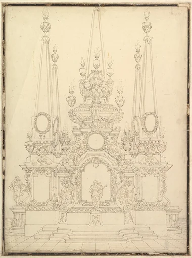 Elevation of a Catafalque: Four Large Obelisks at the Corners with Large one Surmounting the Top