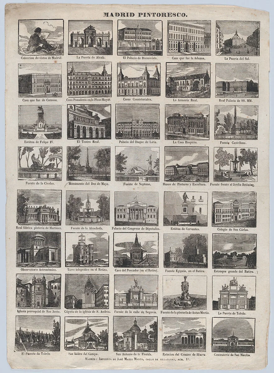 Broadside with 40 scenes of picturesque buildings and locations in Madrid — José María Marés