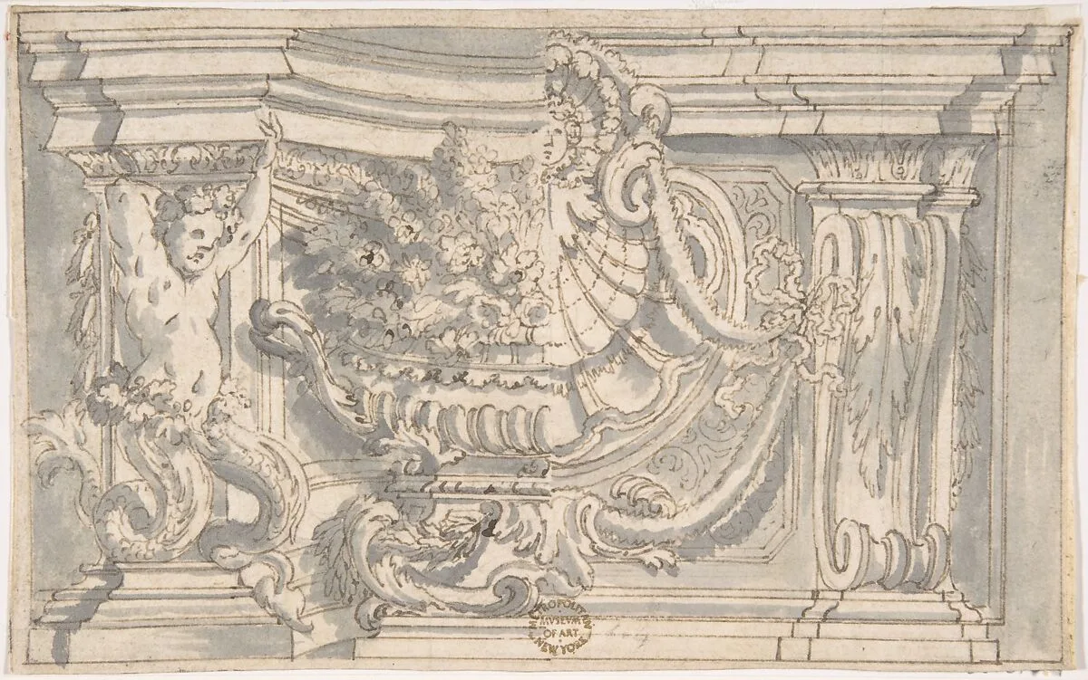 Drawing Showing Two Alternate Designs for an Ornamental Niche or Panel — Anonymous, Italian, Roman-Bolognese, 17th century