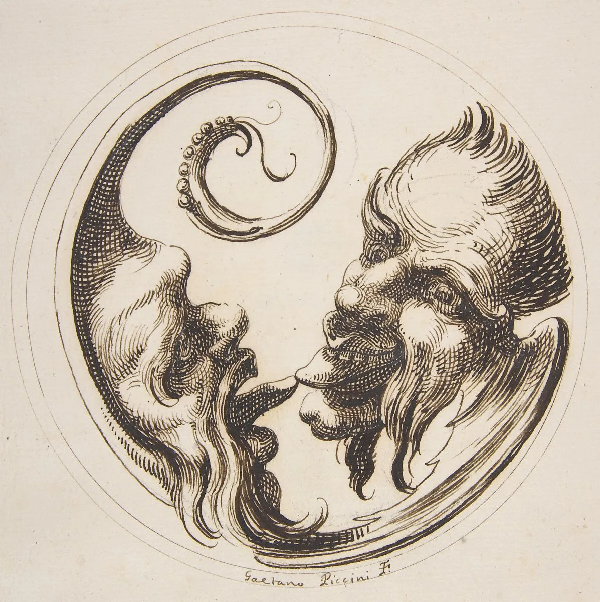 Two Grotesque Heads Facing One Another and Touching Tongues Within a Circle — Gaetano Piccini