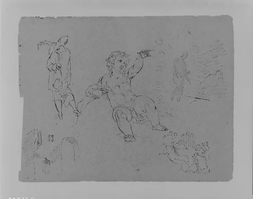 Draped Man from Rear (after Tintorietto?); Putto Making Bubbles (?); Shaded Figure in Radiance; Archway and Altar (?); Figure Composition (from Sketchbook)