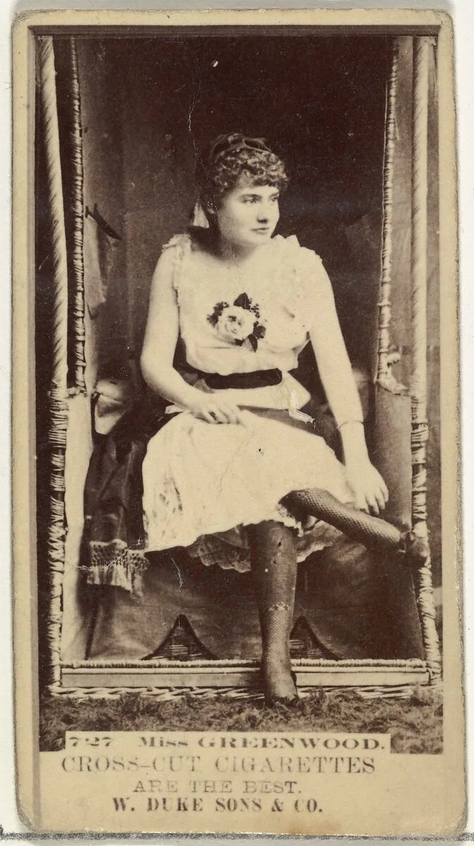 Card Number 727, Miss Greenwood, from the Actors and Actresses series (N145-3) issued by Duke Sons & Co. to promote Cross Cut Cigarettes — W. Duke, Sons & Co.