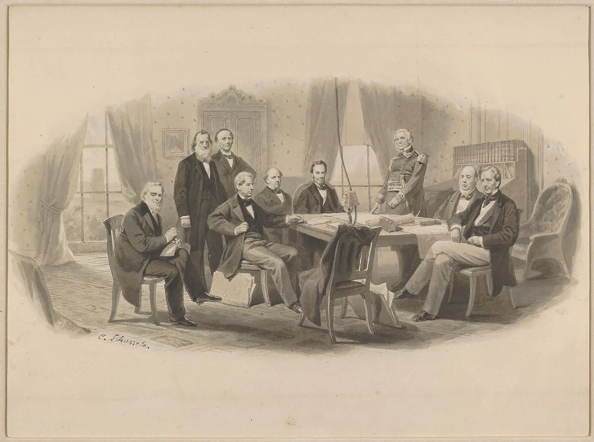 President Lincoln and His Cabinet — Christian Schussele|Simon Cameron|William H. Seward|Gideon Welles|Samuel Portland Chase|General Winfield Scott|Abraham Lincoln|Montgomery Blair|Edward Bates|Caleb Blood Smith