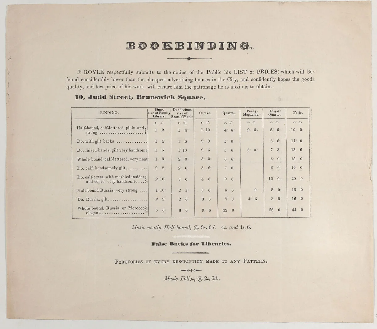 Trade card for J. Royle, bookbinder — Anonymous, British, 19th century