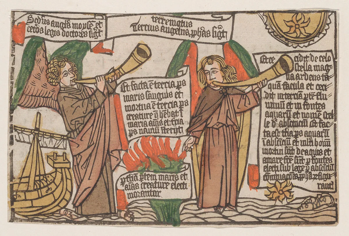 The Mountain and the Star Fall into the Sea, illustration from the Apocalypsis Sancti Johannis, block book, 4th edition — Anonymous, German, 15th century