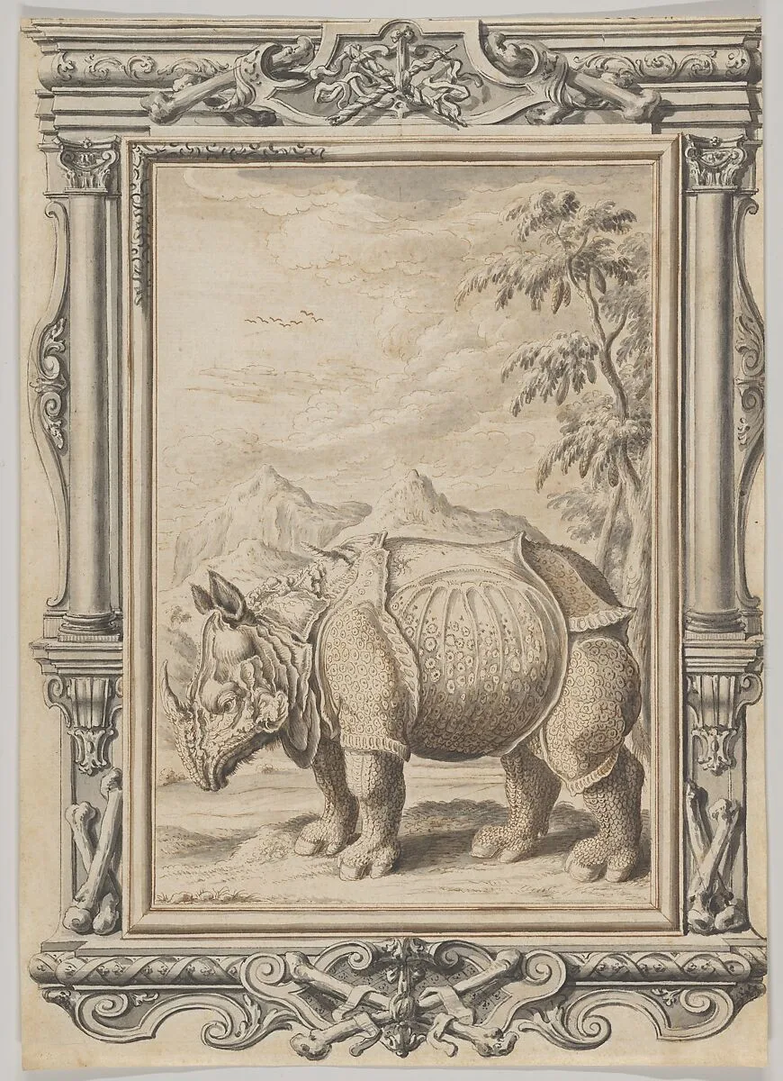Rhinoceros in a Landscape within an Ornamental Frame — Johann Melchior Füssli
