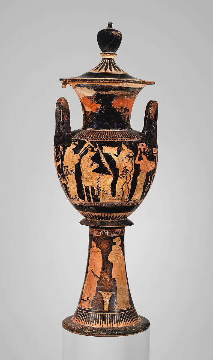 Terracotta lebes gamikos (round-bottomed bowl with handles and stand used in weddings) — Washing Painter