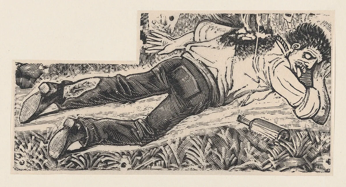 A drunken man with a bottle at his side in a field — José Guadalupe Posada