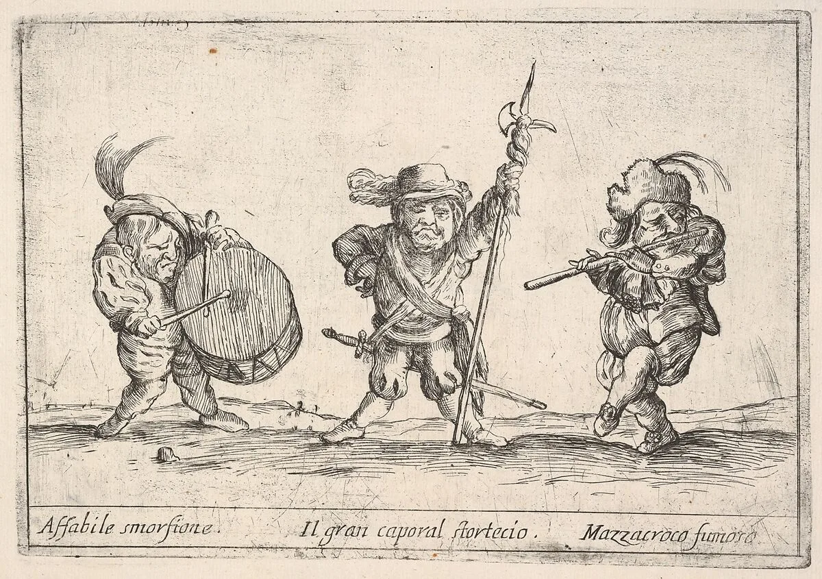 Callot figures; a dwarf man playing the drum at left, a beefeater in center, a flute player to right,'Six grotesques' (Six pièces de figures grotesques) — François Collignon|Stefano della Bella|Agostino Mitelli II